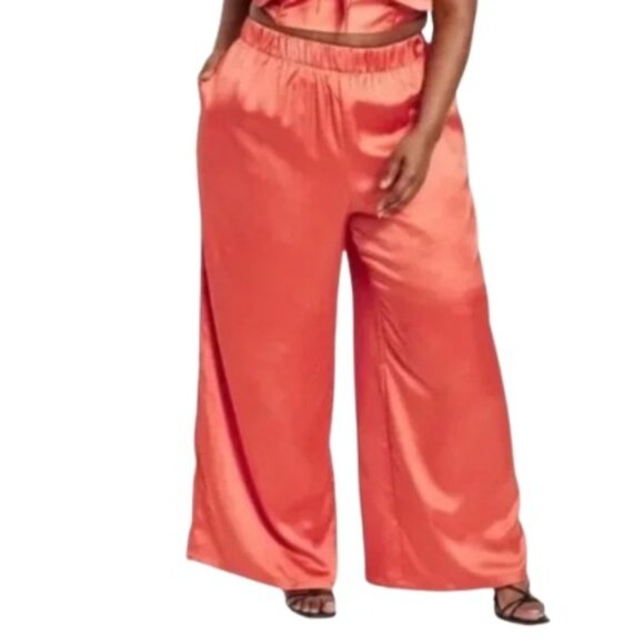 Sammy B Womens Wide Leg Pull On Pants Shiny Pink Satin Pockets Plus 4X New - Picture 1 of 3